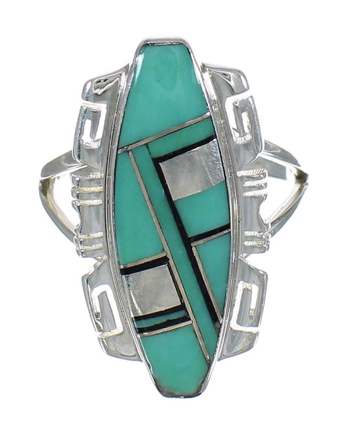 Turquoise And Jet Inlay Sterling Silver Jewelry Ring Size 5-1/4 AX82413